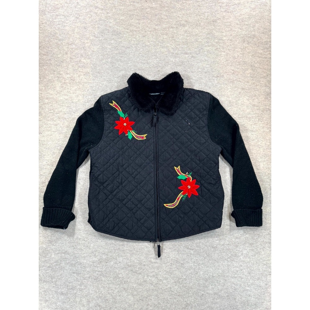 Fashion Classics Christmas Cardigan Womens XL Black Poinsettia Floral Zip